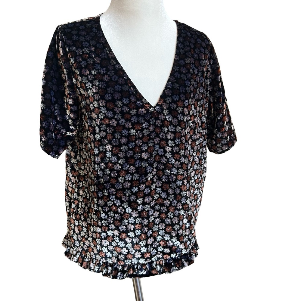 Madewell Burnout Velvet Charcoal Petite Blooms Tulip-Sleeve Ruffle Blouse Med - Picture 6 of 13